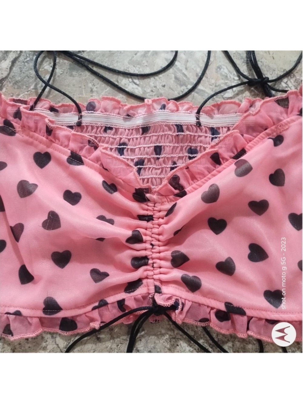 Pink Crop Top Black Hearts Bow Detail Size S - Picture 4 of 8